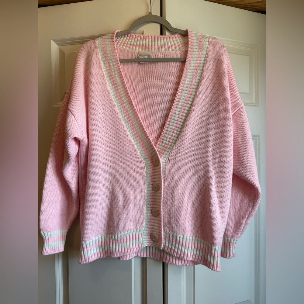 Vintage 80s mister NOAH Preppy Pink and White Striped Cardigan Sweater Size M - Picture 1 of 4